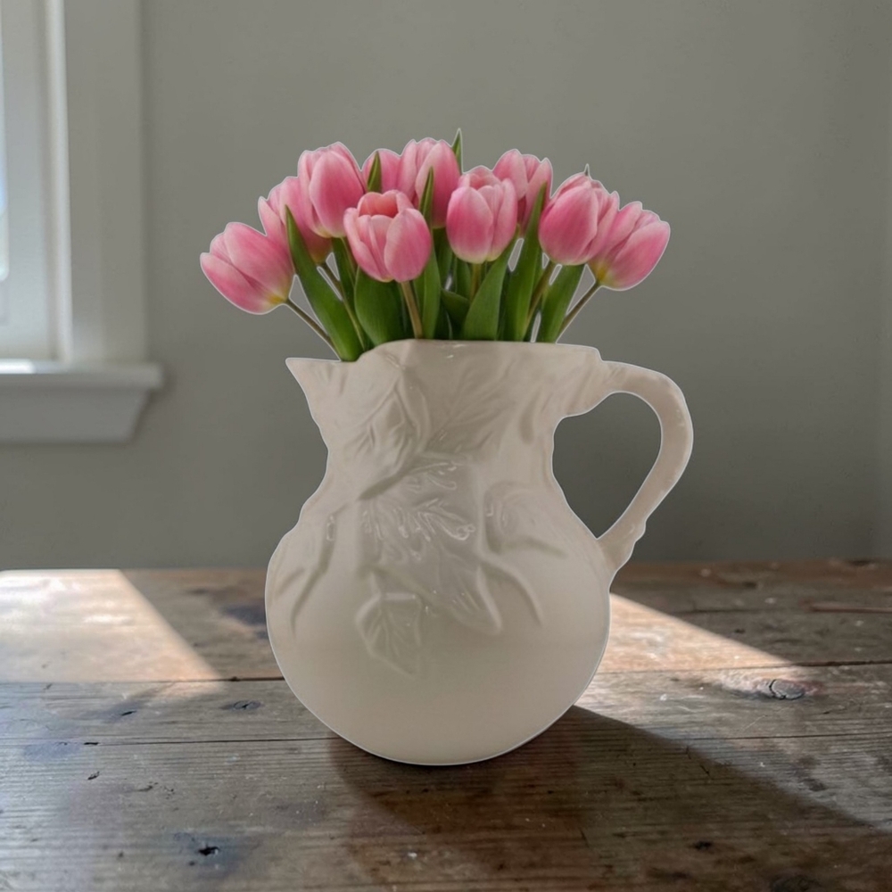 Vintage Ceramic Pitcher Ivory White With Embossed Vining Ivy Leaves